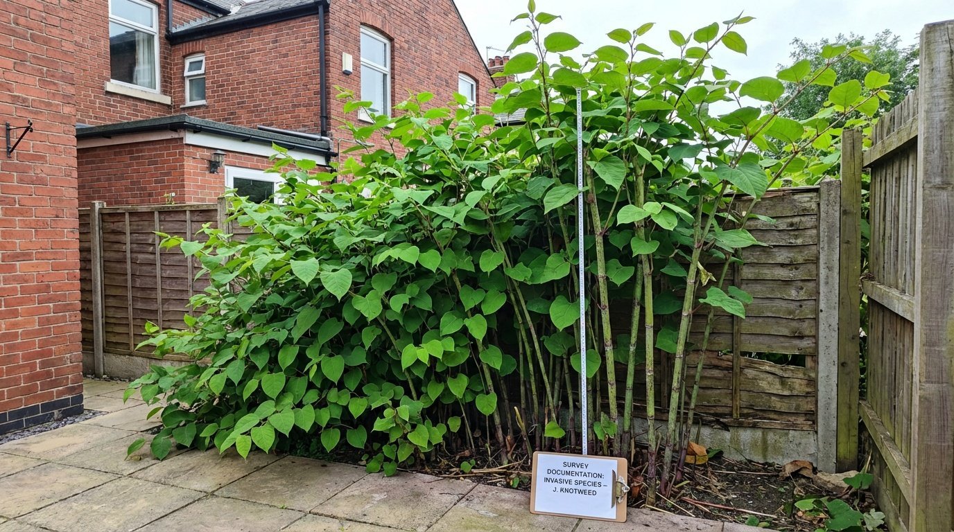 Japanese knotweed invasive plant growing near property boundary