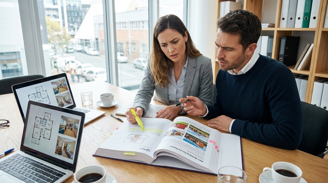 Couple reading and understanding their property survey report together